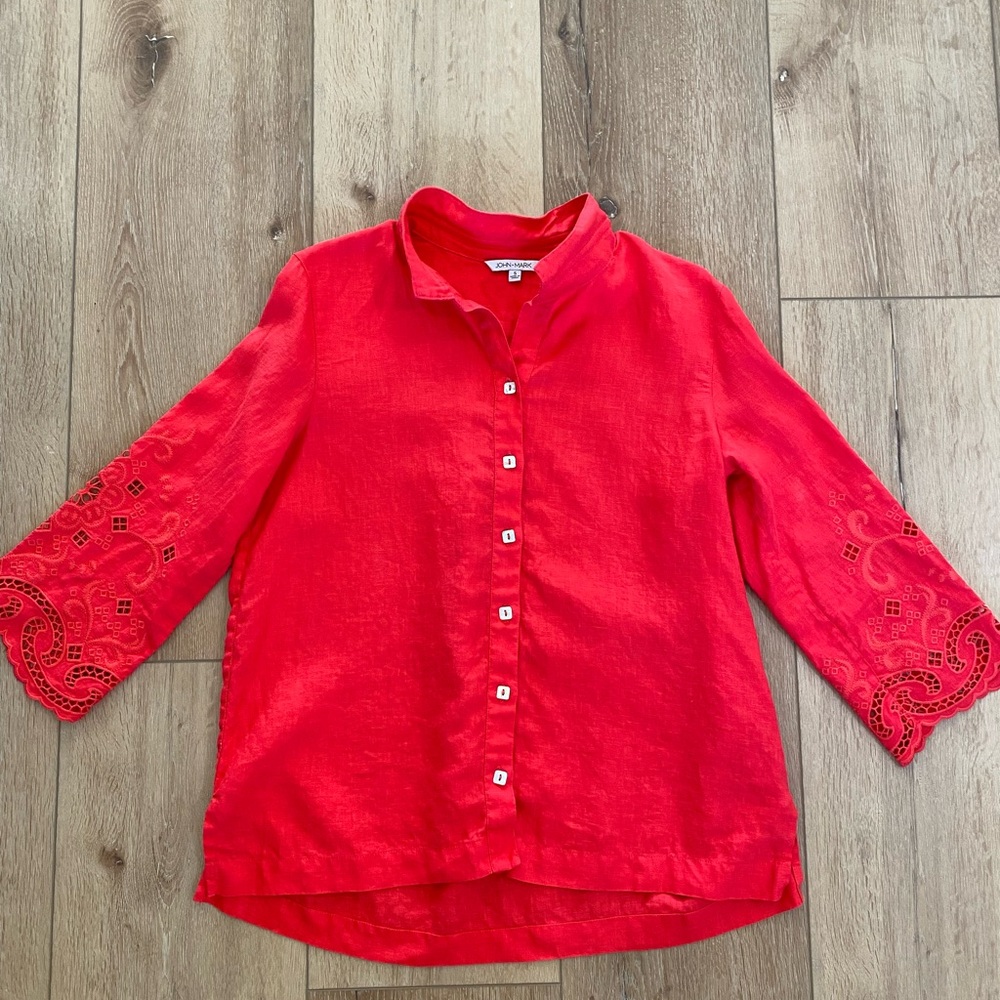 John Mark Top Women’s Size Small Red Button-Down Eyelet Sleeve Shirt Linen